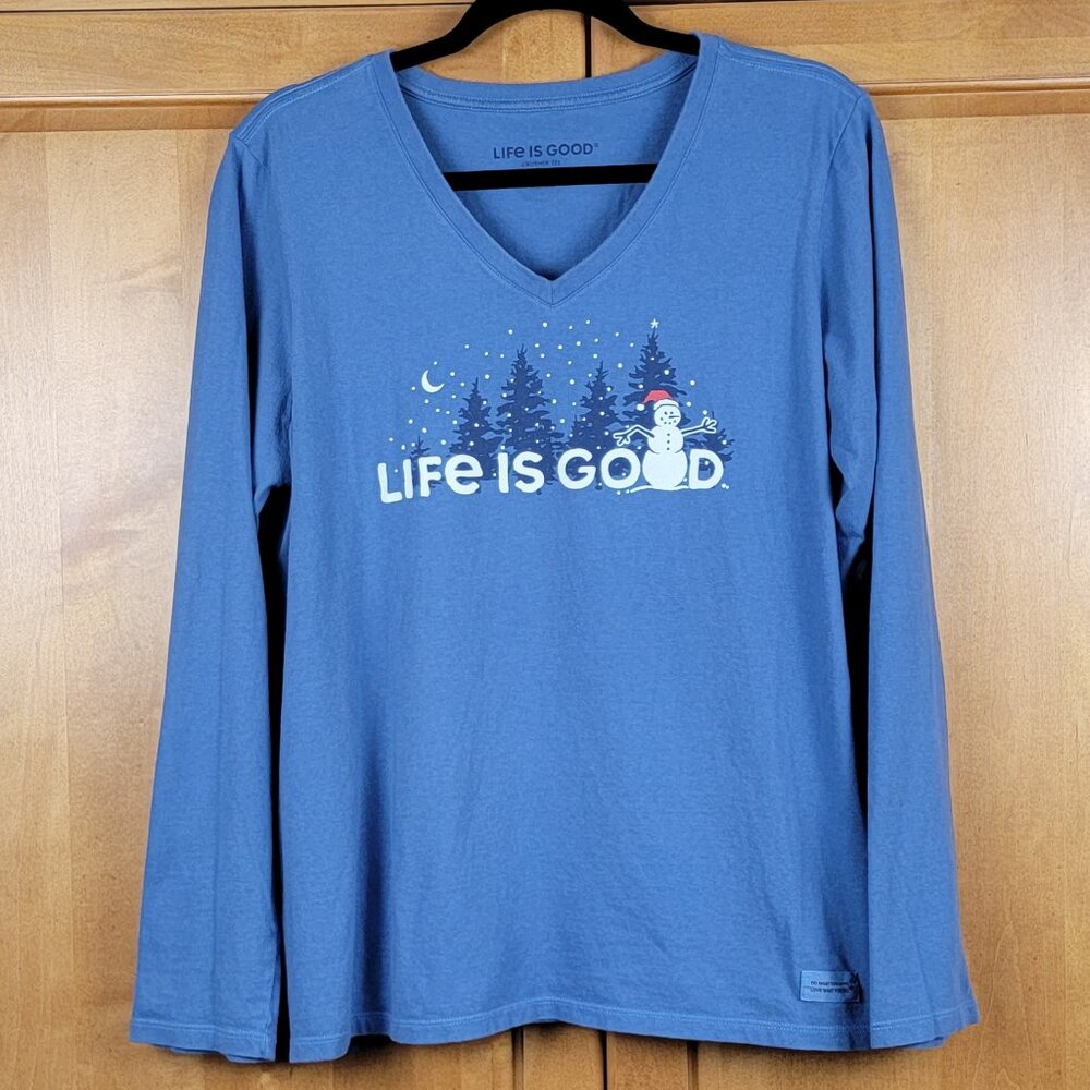 Life is Good Vintage Blue V-Neck Snowman Landscape Long Sleeve Crusher Tee - L - Picture 3 of 10